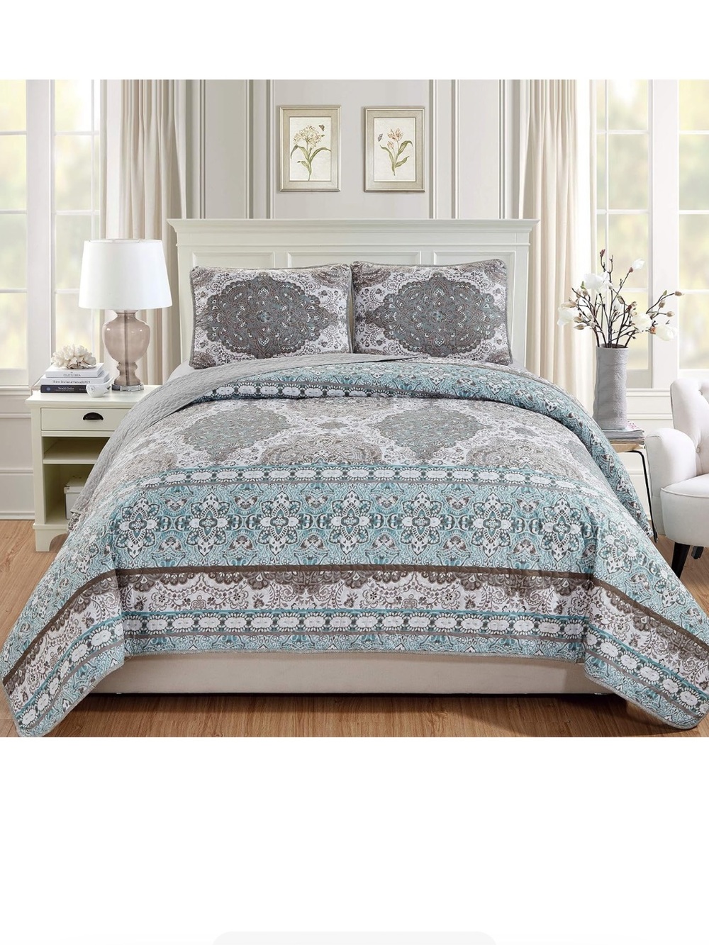 Reversible Turquoise Gray Paisley Quilt Set - Unbranded
